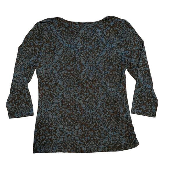 Ann Taylor Scoop Neck Top Size Medium Black Teal Floral Pattern 3/4 Sleeves - Picture 4 of 8